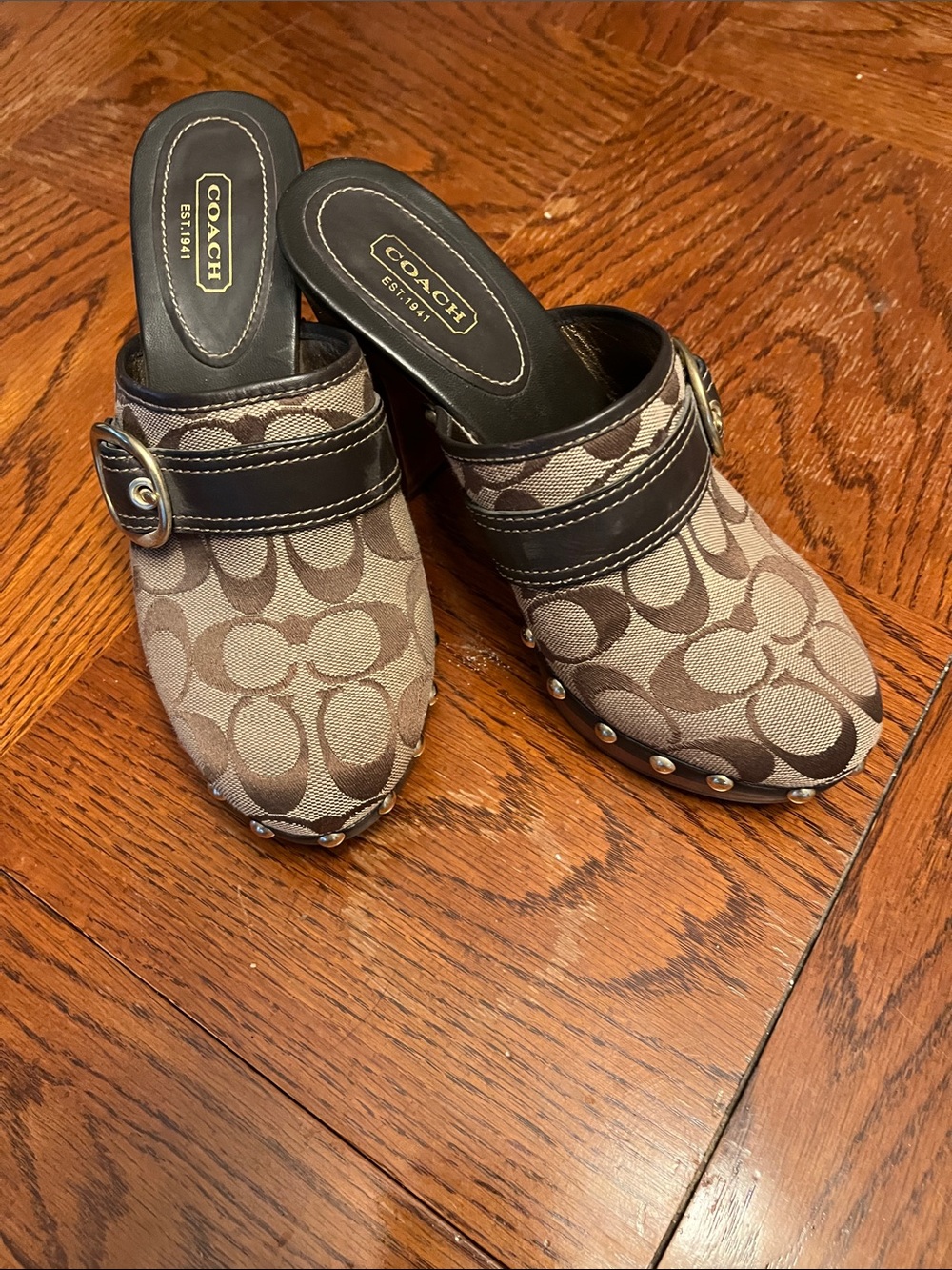 Coach Signature Canvas Clog Mules in Brown and Tan